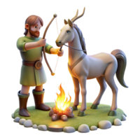 magnificent minimalist A wise centaur teaching archery to a young human, illuminated by the warm light of a campfire, in a classical painting style genuine png