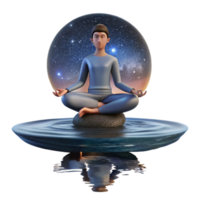 stunning abstract A meditating yogi levitating above a serene lake reflecting a starry night sky, in a realistic, spiritual art style high resolution png