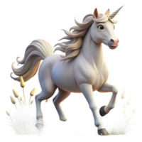 extraordinary creative A majestic unicorn with a silver horn and flowing mane, galloping through a field of wildflowers. Soft, golden sunlight, dreamlike fantasy style high resolution png