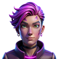 serene classic Portrait of a non-binary person with vibrant purple hair and intricate facial tattoos, illuminated by neon lights, in a cyberpunk style authentic png