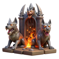 serene rustic A wrathful Cerberus guarding the gates of the underworld, surrounded by hellfire, in a dark, gothic style original png