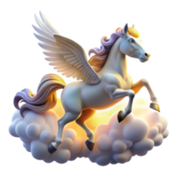 wonderful vintage A majestic pegasus flying through a cloudy sky, illuminated by sunlight breaking through the clouds, in a dreamy style high quality png