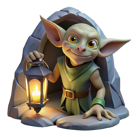 dramatic traditional A cunning goblin with pointed ears and a mischievous grin, hiding in a dark cave, illuminated by the dim light of a lantern. Dark fantasy style 4K png