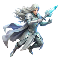 vibrant modern A lone, ethereal warrior with flowing silver hair, wielding a crystal sword, bathed in soft moonlight. Art Nouveau style, highly detailed authentic png