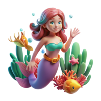 extraordinary vintage A cartoon mermaid swimming underwater, surrounded by coral and fish, illuminated by the filtered sunlight from the surface, drawn in a vibrant and flowing cartoon style exclusive png