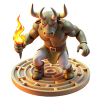 elegant vintage A powerful minotaur with the head of a bull and the body of a man, charging through a labyrinth. Dramatic, torch-lit lighting. Mythological style premium png
