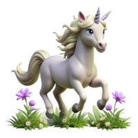 magnificent abstract A graceful unicorn with a silver horn and flowing mane gallops across a field of wildflowers. Soft, magical lighting. Storybook illustration style high quality png