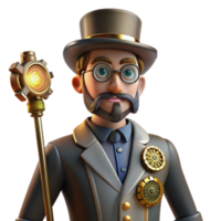 beautiful modern A sophisticated steampunk gentleman with a monocle, top hat, and a cane with intricate gears, lit by a soft, ambient light in a realistic style exclusive png