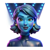 extraordinary modern Portrait of a woman with vibrant blue makeup and an enigmatic smile, lit by a colorful array of stage lights, in a pop art style 4K png