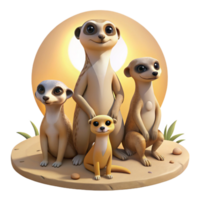 vibrant traditional A family of playful meerkats standing alert in the desert, harsh midday sun, documentary photography style detailed png