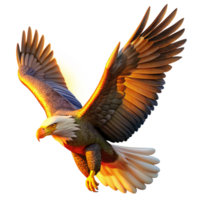 stunning creative A majestic bald eagle soaring through a cloudy sky, illuminated by a golden sunset, hyperrealistic style, intense detail on feathers and talons premium png