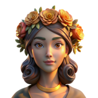 stunning abstract Portrait of a woman with an elaborate floral crown and a serene expression, lit by the golden light of a sunset, in a bohemian style detailed png