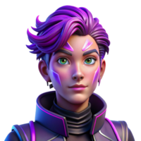 elegant rustic Portrait of a non-binary person with vibrant purple hair and intricate face paint, lit by neon lights, in a cyberpunk style high quality png