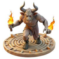 vibrant rustic A fearsome minotaur with the head of a bull and the body of a man, charging through a labyrinth, lit by torches. Greek mythology style original png