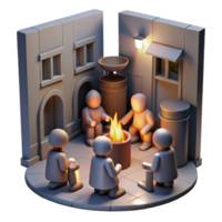 magnificent minimalist A group of figures huddled around a small fire in a dark alleyway, warm firelight, gritty realism style, dramatic shadows, muted color palette authentic png