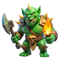 wonderful abstract A fierce orc with green skin and tusks, wielding a crude axe. Dramatic, firelight lighting. Barbarian style authentic png