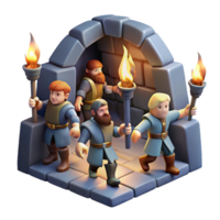 impressive traditional A group of brave adventurers exploring a dark dungeon, torches illuminating the path, suspenseful and adventurous style high quality png