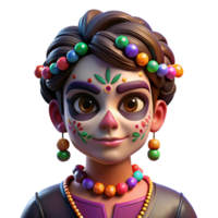 magnificent modern Portrait of a person with vibrant face paint inspired by Dia de los Muertos, lit by colorful string lights, in a folk art style high resolution png