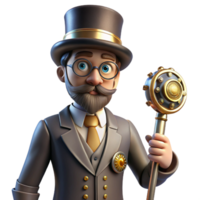 elegant minimalist A sophisticated steampunk gentleman with a monocle, top hat, and a cane with intricate gears, lit by a soft, ambient light in a realistic style exclusive png