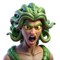 beautiful contemporary A fierce gorgon with snake hair and a petrifying gaze, turning a warrior to stone. Dramatic, high-contrast lighting. Mythological style high resolution png