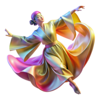 vibrant traditional Portrait of a dancer in flowing silk robes, mid-leap, with dynamic motion blur, lit by colorful stage lights, in an impressionistic style exclusive png