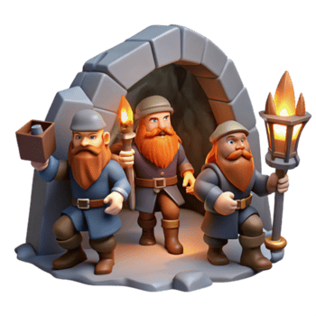 dramatisk abstrakt en grupp av äventyrlig dvärgar med axlar och lyktor, utforska en mörk, underjordisk grotta. värma, flimmer fackelsken, klassisk fantasi stil 4k png