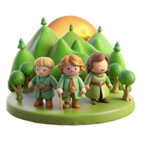 magnificent minimalist A group of adventurous hobbits traveling through a rolling green landscape. Warm, afternoon sunlight. Tolkien-esque style professional png