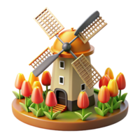 dramatic abstract A traditional windmill in a tulip field, bright spring sunlight, Dutch painting style professional png