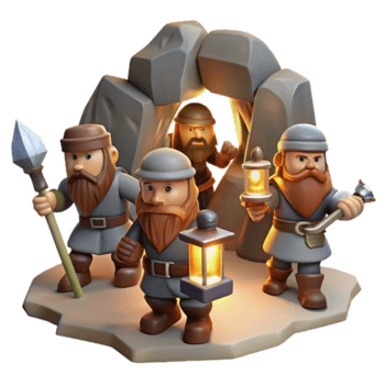 impressive minimalist A group of adventurous dwarves with axes and lanterns, exploring a dark, underground cavern. Warm, flickering torchlight, classic fantasy style original png
