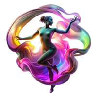 extraordinary artistic A swirling vortex of colorful smoke forming the silhouette of a dancing woman, illuminated by neon lights, in a vibrant, abstract art style high quality png