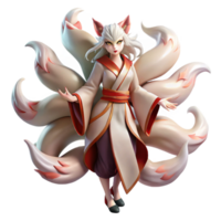impressive vintage A cunning kitsune, its nine tails flowing behind it, transforming into a beautiful woman. Mystical, transformative lighting. Japanese art style premium png