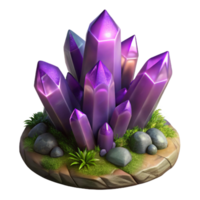 impressive minimalist A cluster of amethyst crystals sprouting from a mossy rock, dramatic chiaroscuro lighting, fantasy art style exclusive png