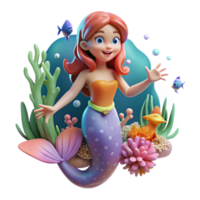 wonderful artistic A cartoon mermaid swimming underwater, surrounded by coral and fish, illuminated by the filtered sunlight from the surface, drawn in a vibrant and flowing cartoon style authentic png
