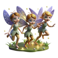 serene traditional A group of playful pixies with iridescent wings, dancing in a moonlit glade, surrounded by glowing fireflies. Soft, ethereal lighting, fairytale illustration style original png