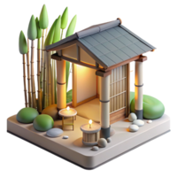 dramatic minimalist A minimalist Japanese tea house made of bamboo and paper, soft diffused lighting, zen garden in the foreground. Minimalist style, serene atmosphere, calming colors premium png