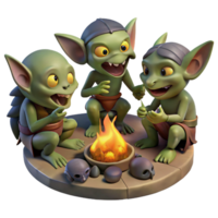 stunning rustic A group of goblins feasting around a campfire, their faces lit by the flickering flames. Dark fantasy style, low-key lighting authentic png