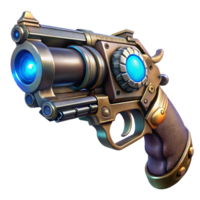 stunning abstract A steampunk pistol, intricate engravings, glowing energy core, held in a gloved hand, dark and dramatic lighting, highly detailed, cinematic render premium png