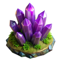 wonderful abstract A cluster of vibrant amethyst crystals growing on a mossy rock, dramatic lighting, fantasy art style exclusive png