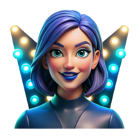 elegant creative Portrait of a woman with vibrant blue makeup and an enigmatic smile, lit by a colorful array of stage lights, in a pop art style detailed png