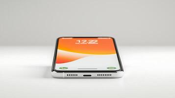 Close-up of a modern smartphone displaying a vibrant home screen against a minimalistic background photo