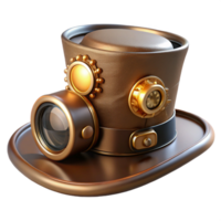 vibrante tradicional uma steampunk topo chapéu, com óculos e engrenagens apegado, couro e latão, aceso de uma solteiro Holofote a partir de acima, altamente detalhado, fotorrealista autêntico png