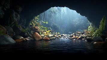 Serene underground river flowing through a lush cave with vibrant vegetation and soft light photo