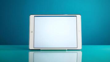 Modern tablet on a sleek surface with a blue background, showcasing digital technology photo