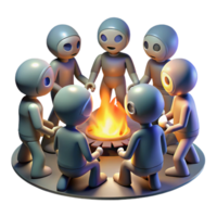 serene classic A group of genetically modified humans with glowing skin and unusual features, gathered around a bonfire, illuminated by the flickering firelight. Science fiction style exclusive png