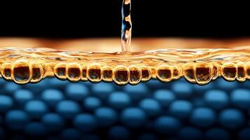 Close-up of golden liquid with bubbles, flowing over a textured blue background, creating a dynamic visual photo