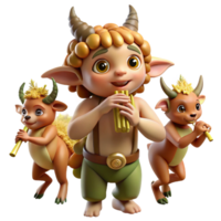 beautiful minimalist A mischievous satyr playing a pan flute in a sun-drenched meadow, surrounded by playful nymphs, in a whimsical, storybook style premium png