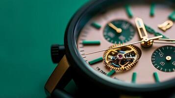 Close-up of an elegant watch showcasing intricate details and a tourbillon mechanism on a green background photo