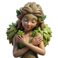 magnificent classic A beautiful dryad with bark-like skin and leafy hair, embracing a giant oak tree. Soft, dappled lighting. Pre-Raphaelite style high resolution png