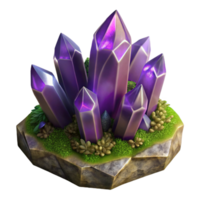 impressive modern A cluster of amethyst crystals sprouting from a mossy rock, dramatic chiaroscuro lighting, fantasy art style detailed png