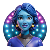 impressive abstract Portrait of a woman with vibrant blue makeup and an enigmatic smile, lit by a colorful array of stage lights, in a pop art style authentic png